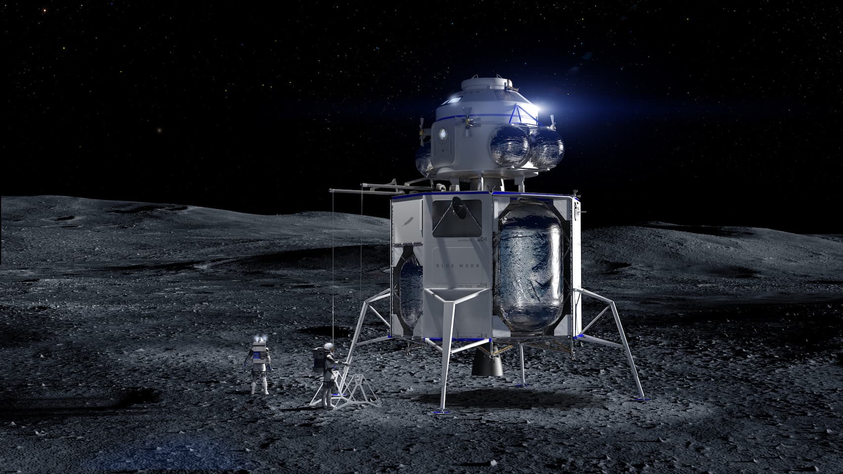 The rendering shows the Blue Moon lunar lander on the Moon with two astronauts outside of the spacecraft. The astronauts appear small against the grey, shadowed lunar surface contrasted with the black backdrop of space.