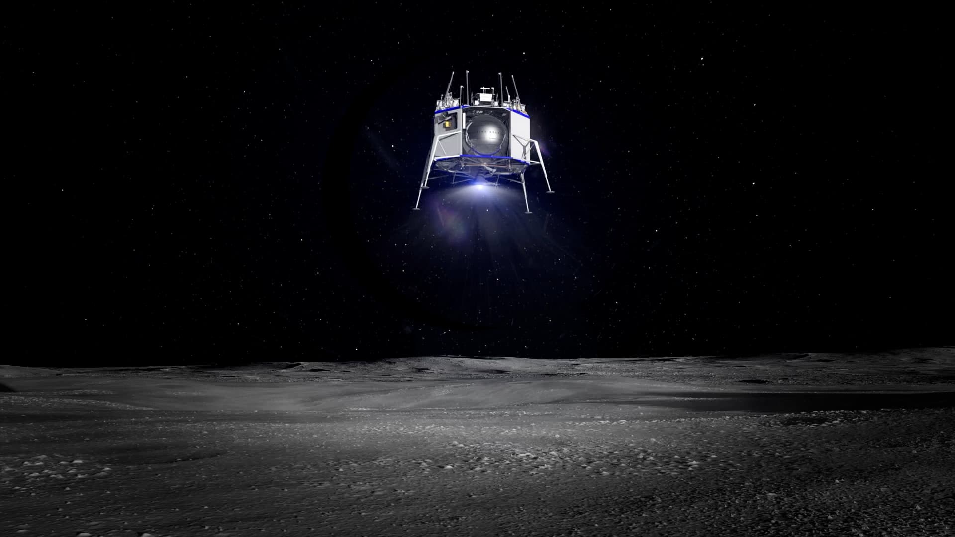 The rendering shows the vehicle hovering above the Moon's surface moments before landing. The starry backdrop of space fills the background.