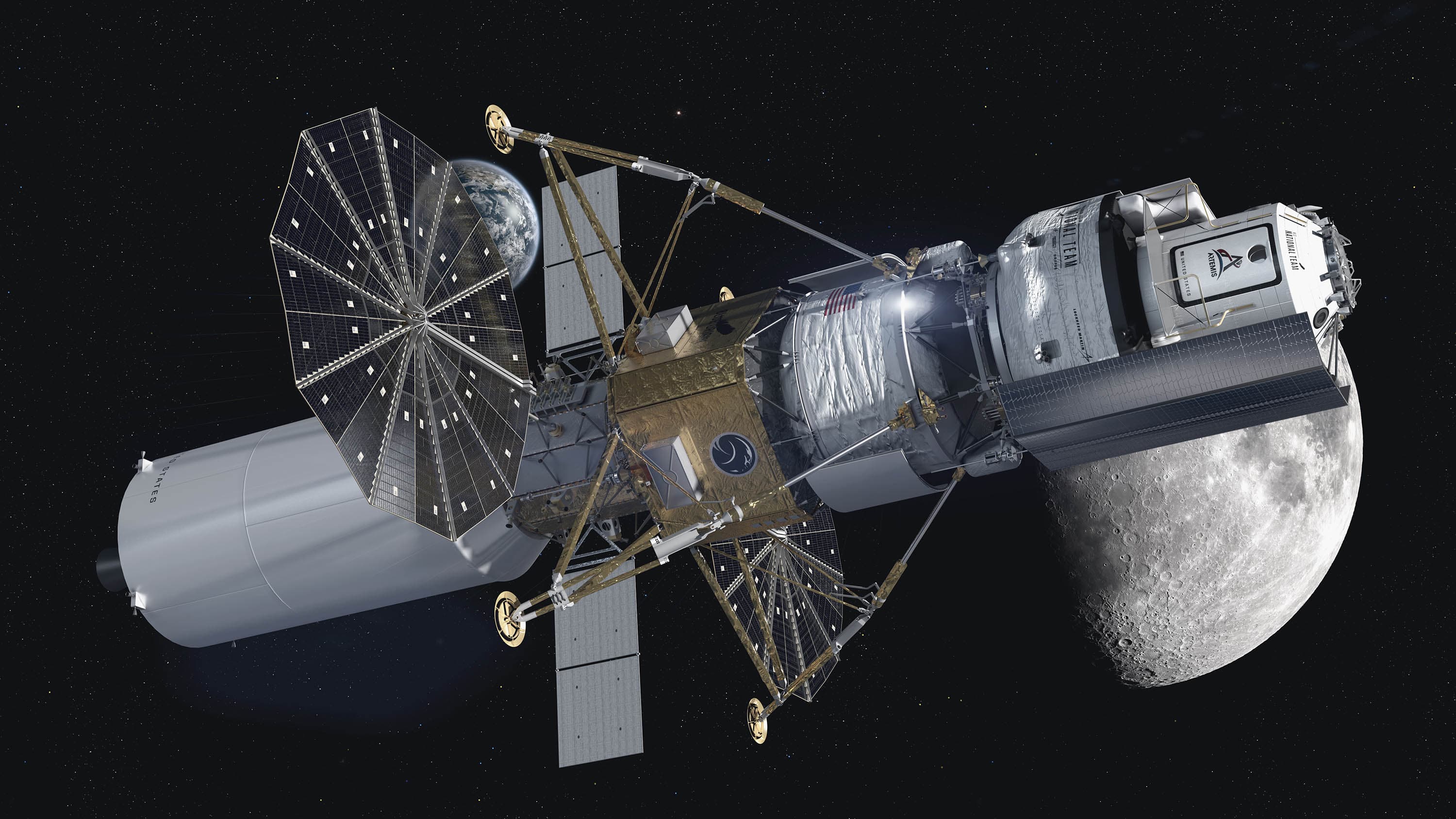 A rendering of an integrated lander vehicle shown on the Moon's dusty surface. The Artemis and Blue Origin logos can be seen on the base of the vehicle.