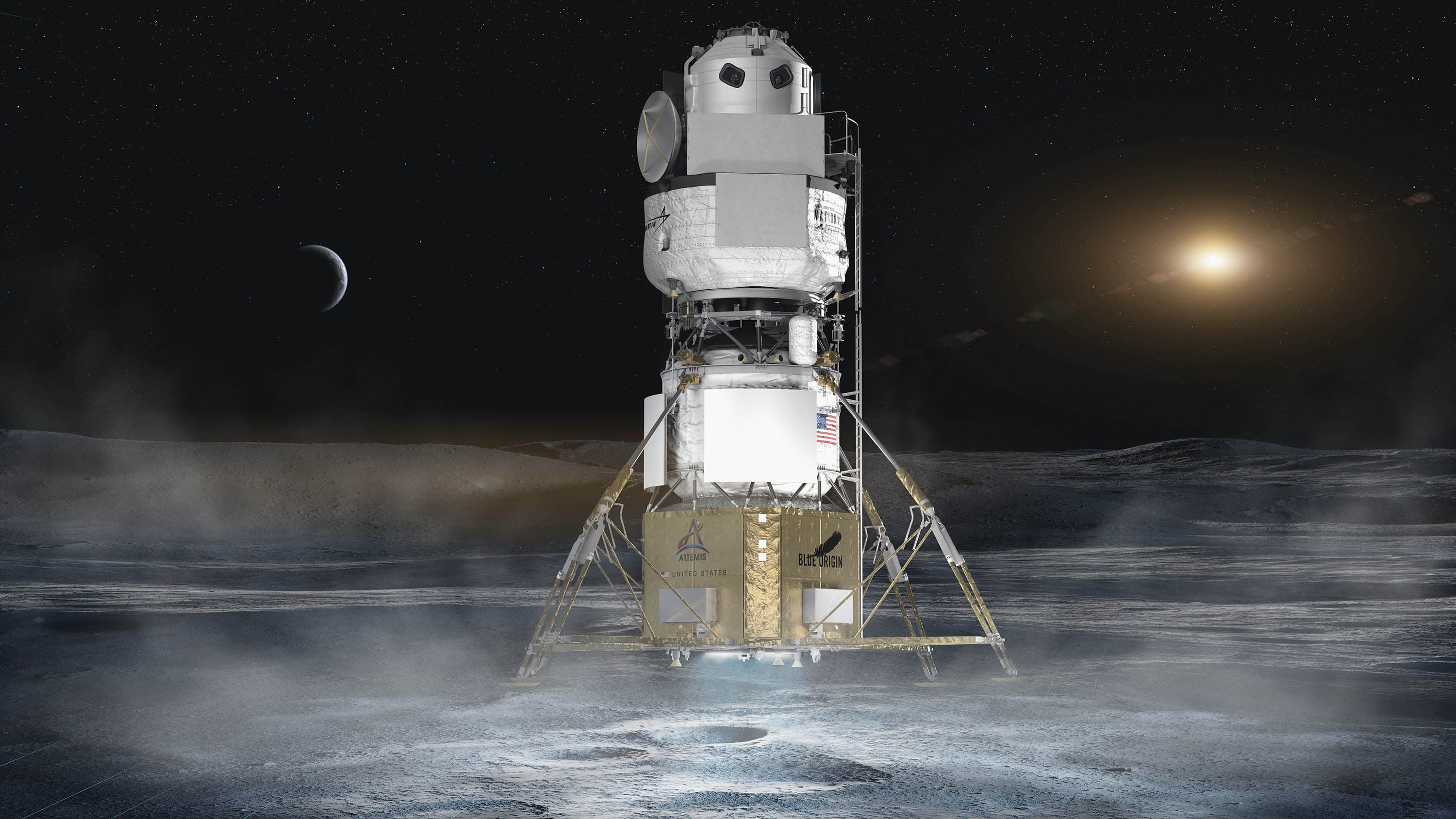 A rendering of an integrated lander vehicle on the Moon's surface. The Earth shines in the distance against the blackness of space.