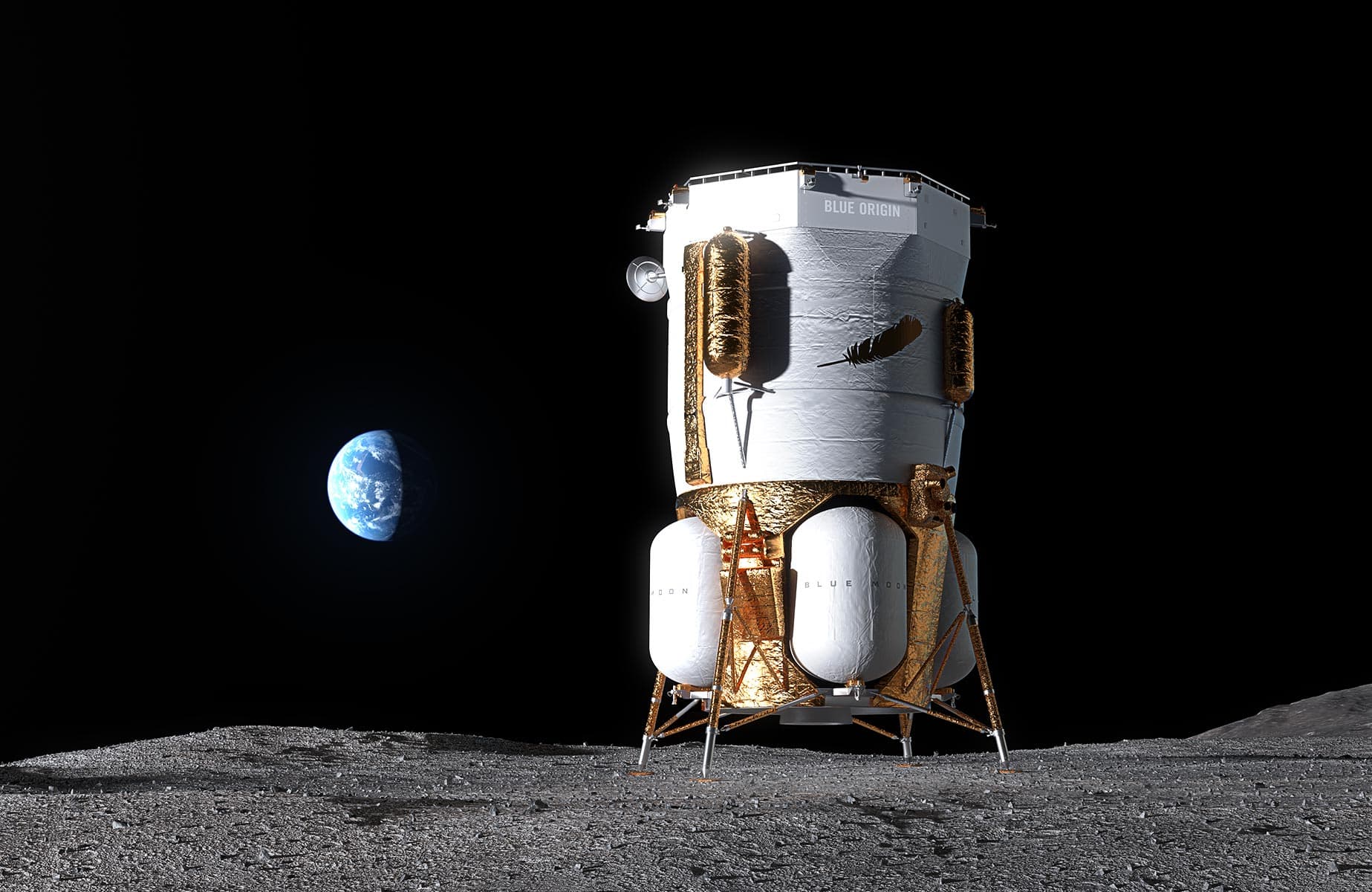 A rendering of a white lunar lander with gold base and legs sits on the surface of the Moon, with Earth visible in the black space behind.